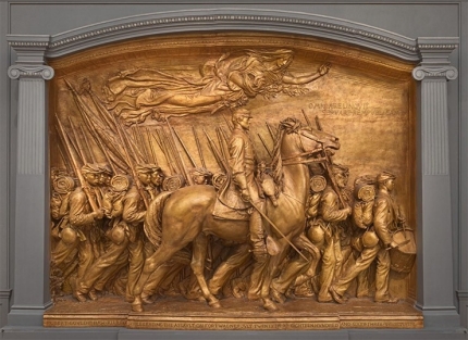 General Shaw seated on horseback with a regiment of soldiers marching alongside him resting their bayonets on their shoulders