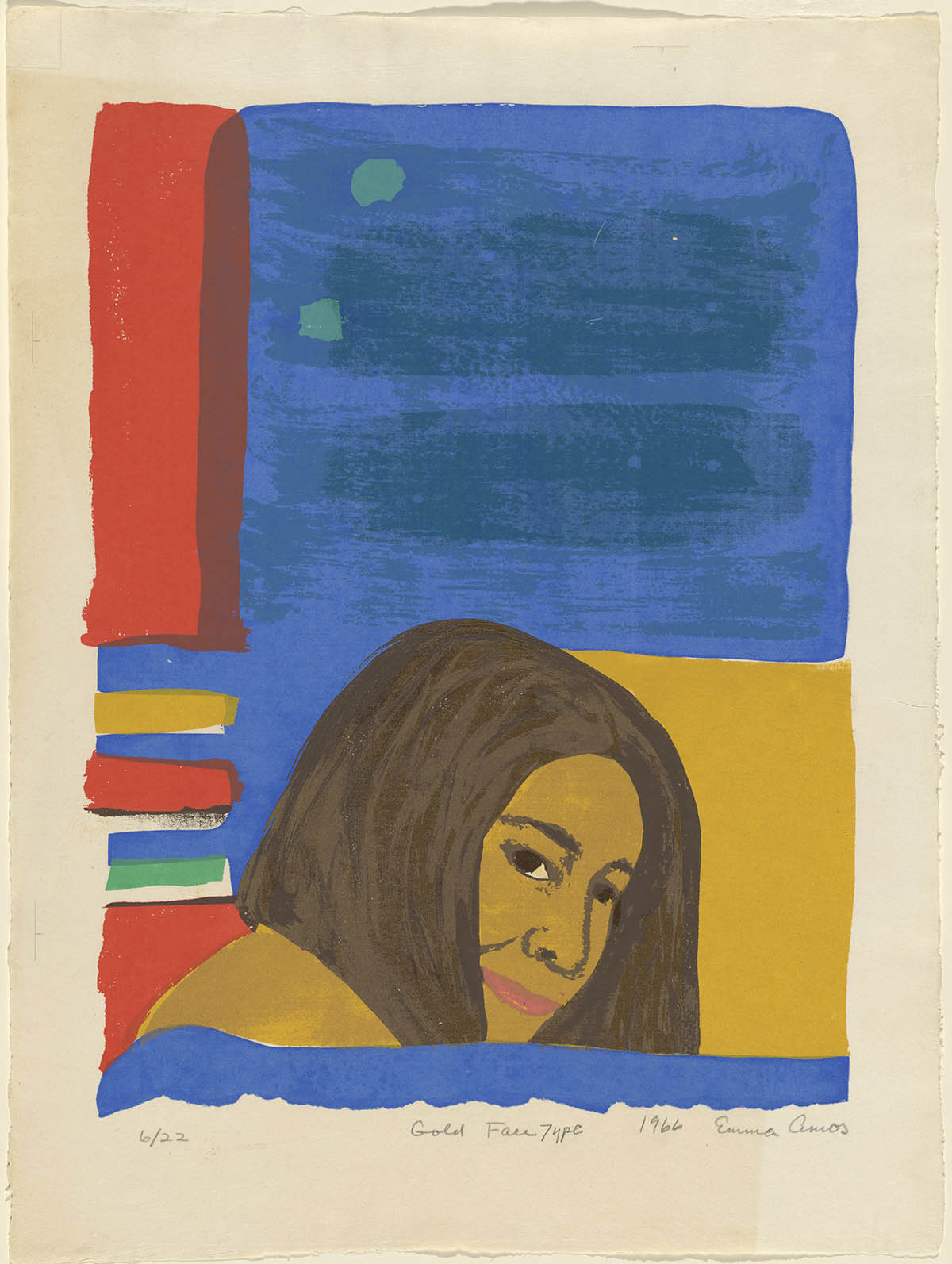 Woman with brown, shoulder-length hair looks back over her left shoulder. Her eyes are brown, skin is gold and lips are rose. There is a blue background behind her with stripes of yellow, green and red on the left. there is a large stripe of gold on the right