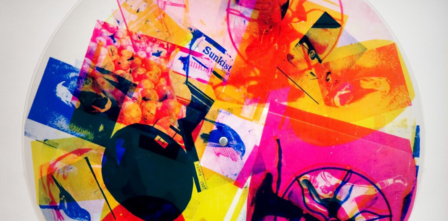 An image collage of a fan, oranges, birds, a football player, in the colors pink, yellow, navy blue in a circular composition