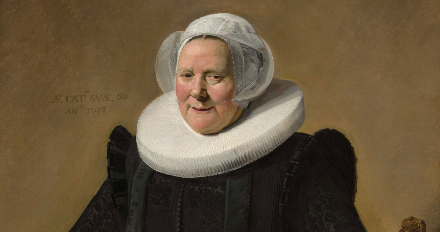 A painting showing an older woman wearing a white headdress and a black dress.