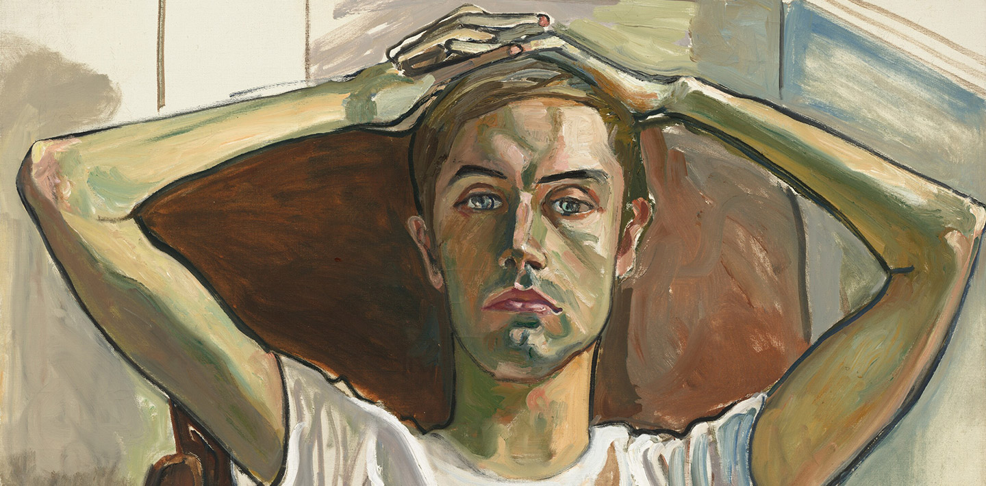 A painting of a man in a white t-shirt sitting in a chair with fingers interlocked on top of/slightly behind his head, staring straight-forward with a blank expression on his face.
