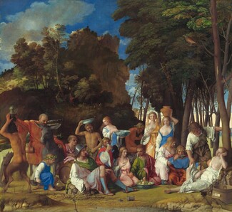 Six women, eight men, two satyrs, and one child gather in pairs and trios in a loose row that spans the width of this nearly square painting. They are set within a landscape with craggy rocks, cliffs, and trees. Most of the people face us, and the men, women, and child have pale skin. The two satyrs have men’s torsos and furry goat’s legs, and they have darker, olive complexions. Most of the men wear voluminous, knee-length togas wrapped in short robes in shades of white, topaz blue, grass green, coral orange, or rose pink. Most of the women wear long, dress-like garments in tones of shell pink, apricot orange, or lapis blue over white sleeves. For all but one woman, their garments have fallen off one shoulder to reveal a round, firm breast. Several objects are strewn on the rocky, dirt ground in front of the group, including a wide, wooden bucket with a piece of paper affixed to its front to our right, a glass goblet, a pitchfork, a large blue and white ceramic dish filled with grapes and small yellow fruits, and an overturned cup near the center. Cliff-like, craggy rocks rise steeply behind the group to our left, filling much of the sky opposite a tall grove of leafy, dark green trees to our right. A few puffy white clouds float across the vivid blue sky. The slip of paper on the barrel has been inscribed, “joannes bellinus venetus p MDXIIII.”