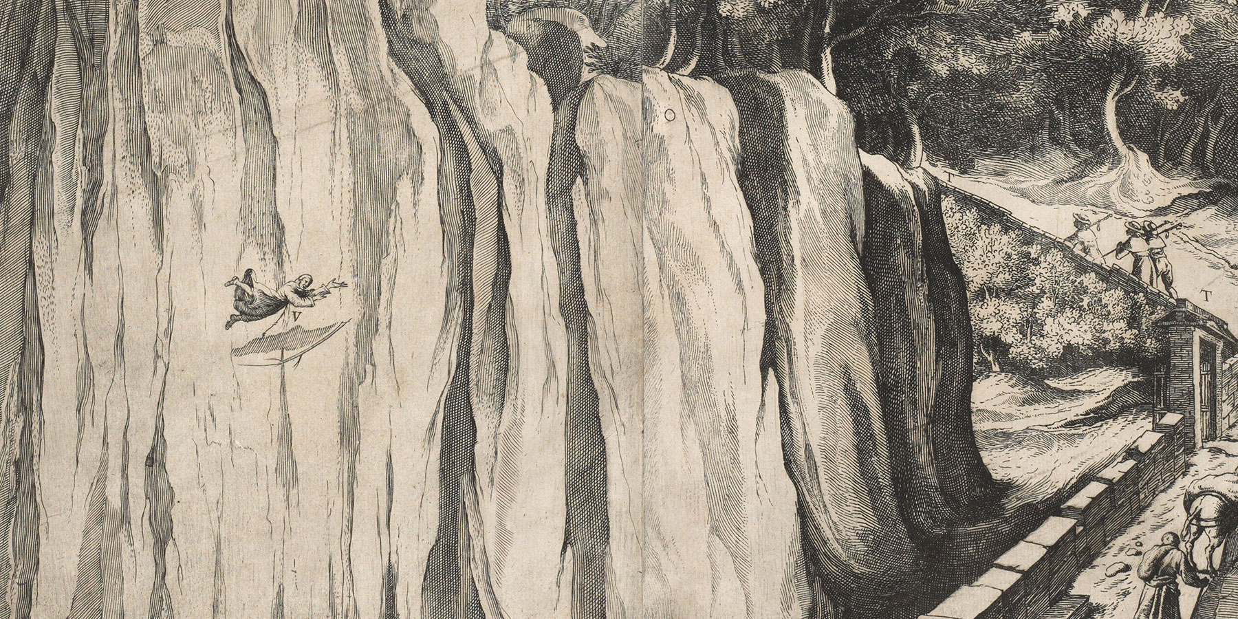 Ligozzi (designer), Schiaminossi (etcher), For Fra Lino Moroni, Detail of Plate A: View of the Mountain of La Verna from the Road of Casentino