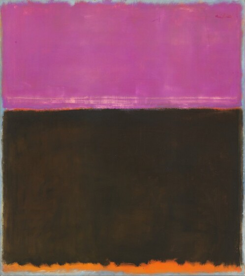 Rectangular fields of magenta pink, black, and a band of flame orange nearly fill this abstract, vertical canvas. The narrow edges around the fields are sky blue. The magenta rectangle takes up the top third, and the black field below takes up most of the rest of the canvas. The narrow band of orange lines the bottom edge. The edges of the pink and black are blended, giving the forms a blurry look.
