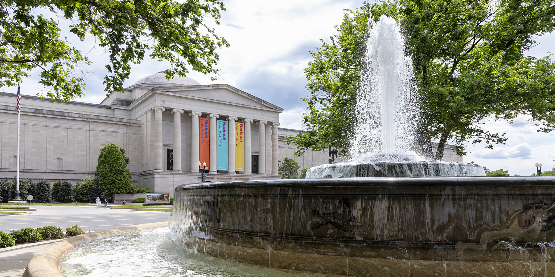 View of a fountain in front of the West Building
