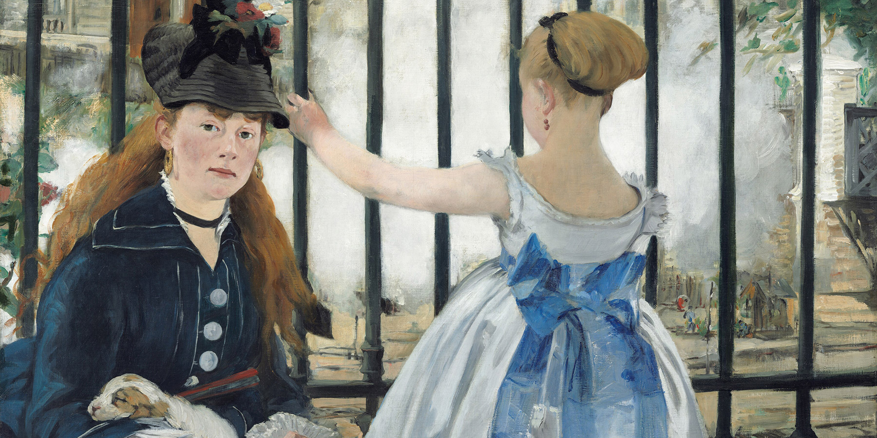 A detail of a painting with a seated woman to the left holding a sleeping puppy, looking at the viewer, while a younger girl faces away from the viewer and stares through bars looking at the smoke of a train