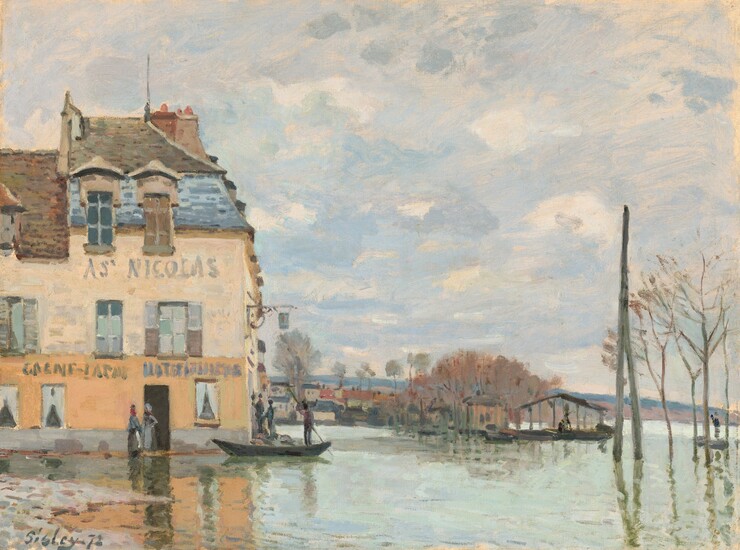 Clouds hunker over a water-logged street that separates us from the end of a row of buildings in this horizontal painting. The scene is loosely painted, especially in the sky and water. The lowest level of the building across from us is apricot orange. The second story is pale peach, and dormered windows cut into the gray and then brown rooflines above. The words “AS’ NICOLAS” are painted in gray near the top of the second level, and more letters on the level below are illegible. The roofline drops down a level where it meets the structure next to it, along the left edge of the canvas. Two women in long skirts stand at a darkened, open doorway near the front corner of the structure. A sign on the side of the building hangs from a horizontal arm over three men in and near a shallow boat, which is being propelled by a man who stands in the stern with a long stick. The street is so wet that it first appears to be a canal or river. It is only when we notice dashes of mauve, pale pink, and gray to our left that we realize the cobblestone road is flooded. A band of buildings with tan walls and black or red roofs spans the right two-thirds of the horizon, which comes about a quarter of the way up this composition. A grove of cinnamon-brown trees and some open structures could be a submerged park in the near distance. Two poles and some spindly trees to our right are reflected in the water. Dark forms around these areas could be more people. Pale blue and very pale pink whip together in the sky, suggesting churning clouds veiling the blue sky. The artist signed and dated the work in the lower left corner, “Sisley 72.”