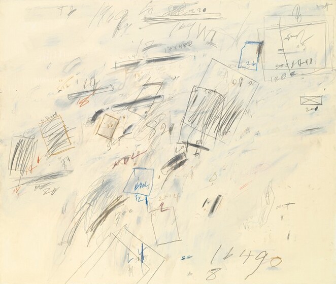 Rectangles, scribbles, and smudges loosely cluster to create a band that runs from the bottom left corner to the top right against a parchment-white background in this horizontal, abstract work. The work was created with wax crayons, graphite, and house paint on canvas. Some of the shapes and smudges are royal blue, scarlet red, ochre yellow, or gray. Scribbles that suggest illegible writing fill some of the rectangles or is scrawled elsewhere in the composition. Handwritten numbers in blue, yellow, gray, or pumpkin orange are sprinkled throughout, including 2237, 26, 300, 1200, 28, and “17 x 400” near the upper right; 82, 28, 23, and 18 near the center; and 82, 2014, 300, 24, and 8 near the lower left. The largest number, “16490” is written in tall letters near the lower right corner.