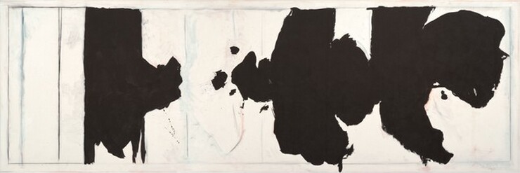 Two black, abstract shapes against a white background dominate this wide, horizontal painting. One column-like, black shape is to our left, about a quarter of the way in from the left edge of the canvas. The bottom edge of the black form is jagged and an irregular bump protrudes at the center of the right side of that shape. The other black form fills most of the right half of the composition. That shape is made of two forms resembling very fat Ps with spines that curve around the protruding bumps, to our right. There are small spatters and dribbles of black paint around some of the shapes that only could have been made by striking the canvas with some force. The white background is outlined near the inner edges of the canvas, creating a subtle frame that contains the massive black shapes. Vertical lines, most of them smudged or faint, create vertical sections across the composition. A blurred, steel-blue line appears in the left most column. Thin washes of smoky blue and rose pink spread in areas across the composition. The artist signed and dated the painting in the lower right, “R. Motherwell 1978.”
