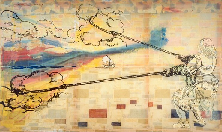 A person, outlined in black, lassos two puffy clouds with long ropes, all against an abstract patchwork of rectangles in the background of this horizontal painting. Many of the rectangles are cream white and others are muted tones of pink, beige, tan, and blue. Some darker sage-green, violet, and brick-red rectangles are scattered across the bottom of the composition. A narrow band across the top of the painting is made up of triangles in pale blues, yellows, and pinks. The person is drawn with thin black lines and superimposed over the background. This person stands on the right side of the canvas facing our left, almost in profile. His feet are widely planted and his knees bent. His mouth is wide open, and his curly, shoulder-length hair hides his eyes. He wears a floppy cap on the back of his head. His costume has long sleeves underneath a jerkin-style jacket and loose, knee-length pants. A dagger hangs off his belt on his right hip, and a small pouch hangs near his left hip. His arms extend straight out in front of his body, with a thick, twisted rope wrapped around each forearm. He pulls the ropes taut to catch clouds in the upper center and lower left. A few wisps of clouds fill the upper left corner. A small sailboat floats near the center of the composition on a horizon line that bisects the canvas. Near the boat, swirls and streaks of sky and navy blue, crimson red, and sunflower yellow funnel from a wide base along the left edge of the canvas to a narrow band across the center.