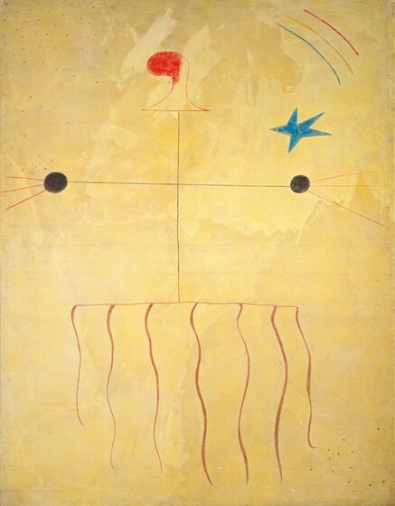 Two thin, black, straight lines create a cross above a band of widely spaced, vertical, wavy lines, all against a golden yellow background in this abstract, vertical painting. The cross and the band of wavy lines at its base nearly fill this canvas. Each end of the horizontal line of the cross ends with a black disk. Three crimson-red lines emanate like rays from the sides of each disk. The top of the vertical line of the cross ends with a scarlet-red form that flares into a straight line across the bottom and curves up and over, to our left. That shape is outlined in red and partially filled in with the same color at the curving end. At the bottom of the cross, seven vertical wavy lines are spaced along a horizontal line, all in maroon red. A turquoise-blue star floats over the black disk to our right, and three curved lines in blue, yellow, and red arch in a short, stylized rainbow near the upper right of the painting. The background is mottled with tan and ochre yellow, and speckled with topaz-blue dots mostly in the upper left and the lower right corners. The artist signed and dated the work in tiny letters near the lower right: “Miró 1924.”