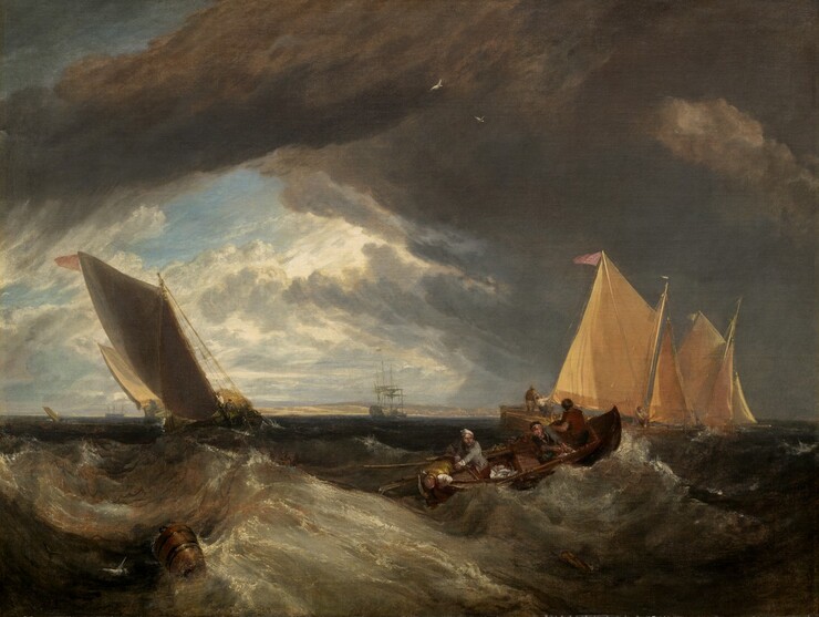 We look across churning waves at four sailing ships and a wooden rowboat with four men aboard in this horizontal painting. Dark, iron-gray and tawny-brown clouds approaching from the right fill the top two-thirds of the composition. The water closest to us roils with steel gray and tan, which deepens to charcoal gray as it recedes toward low hills in the distant background. In the lower left corner of the painting, a wooden container bobs in the waves, and a white bird flies low over the water nearby. Two ships to the left of center head directly toward us, leaning steeply to our left with their beige sails taut with wind. Two men, tiny in scale, stand on the deck of the ship to our left. To our right, two ships with butter-yellow and peach sails cut through the water. Three men stand on the deck of the ship in the front, pulling on the rigging. Closest to us and to the right of center, the rowboat crests a wave, tilting forward so we look into the long side of the boat and see the four men there. Near the stern, one man hangs over the side while another holds onto him. Two men sit to the right, one facing us while the other faces away. Sunlight streaks down through a break in the storm clouds to fall on a ship with furled sails in the distance at the center of the composition. This and two additional ships near the distant shoreline are silhouetted against bands of white clouds around blue sky, beyond the bank of dark gray clouds closer to us.