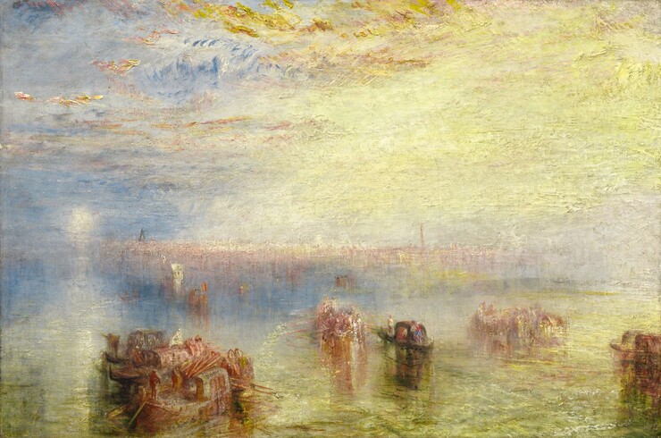 Butter-yellow clouds and water, a periwinkle-blue sky, and pale plum-purple buildings blend in hazy, indistinct bands across this horizontal landscape painting. The paint is thickly applied in some areas, especially along the top of the sky, and the scene is loosely painted with visible brushstrokes throughout. The blurry horizon comes about a third of the way up the composition and the small, round, white sun shines low in the sky to our left. The sky or clouds around the sun are painted with shades of pale sapphire-blue with touches of lavender, which give way to a lemon-yellow clouds or haze in the right two-thirds of the sky. Buildings along the horizon, deep in the distance across the right three-quarters of the canvas, are loosely painted with vertical swipes of heather pink and cream white. The water, closest to us, reflects the yellow of the sky with additional touches of celery green. Brown boats spaced along the harbor carry people and objects away from us, toward the town.