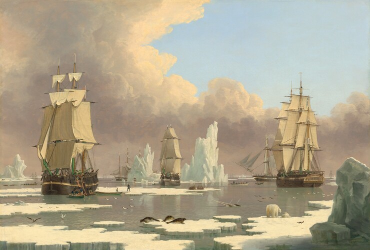 Three, tall sailing ships, each with three masts and full sails, float in calm, arctic waters, surrounded by fragments of icebergs and ice floes amid a smattering of arctic animals, including polar bears, narwhal whales, seals, and birds, in this horizontal landscape painting. The horizon line comes about a quarter of the way up the composition so the sails and rigging of the ships are shown against the sky. The clouds have ivory tops and lavender-purple undersides, and they curve in a C-shaped bank around the clear blue sky at the top right corner. The three ships closest to us are spaced evenly across the composition, with the left-most the closest, and therefore largest. The ship to our right is set a bit farther back, and the center ship is the farthest away. A rowboat holding several men has pulled alongside the boat to our left, and more men haul massive slabs of whale blubber up the side of the ship. More men walk on an ice floe nearby. Close inspection reveals more rowboats around and beyond these ships, and several more ships fading into the hazy distance along the horizon. Jagged edged chunks of icebergs as tall as the ships float around them. Closer to us, a trio of seals sits on an ice floe near the lower center of the composition, and a mother stands nose to nose with her cub to our right. Two narwhal whales with long tusks growing from their noses break the surface of the water between us and the ships, as does a whale’s tail near the boat to our right. Two walruses with long tusks sit on a floe near the center ship. A couple dozen birds, many white with black wing tips, fly low over the surface of the water across the painting.
