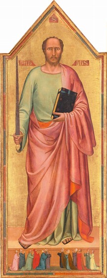 Against a shiny gold background, a man with peach-colored skin nearly fills this tall, narrow, vertical panel above a row of twelve people, significantly smaller in scale, kneeling by his feet and looking up at the man, their hands together in prayer. The top of the panel comes to a point above the man’s head. His body faces us, and he looks at us with brown eyes under furrowed, dark eyebrows. His nose is long and straight, and his mouth is small with a rosy lower lip. He has a brown, trimmed beard, and his hair is receding. He holds up a gold-handled sword with a slate-gray blade in his right hand, on our left, while in his other hand, he cradles a thick black book with a gold-edged pages against his chest. The man wears a floor-length, celery-green tunic with a flowing, rose-pink robe over his left shoulder, on our right, and around his body. The robe is lined with tangerine orange and has a faint, patterned border. The toes of his sandaled feet stick out. On a smaller scale, along the bottom of the painting, six pairs of people kneel facing the center, three couples to each side. Eleven of the people gaze with heads tipped back, up at the man with their hands folded in prayer. To our right, one woman turns and gestures, mouth open, to her neighbor. Their long robes are painted in shades of shell pink, indigo blue, scarlet red, butter yellow, sage green, and chestnut brown. Some wear white fabric over their hair while others are bareheaded. The gold background is incised around the man’s head to create a halo. Molding and a band of alternating strips of slate blue and brick red enclose the pointed panel. Three shapes, like small banners, are painted in red with gold lettering around the man’s head, with an “S” at the top center, “PAU” over his shoulder to our left, and “LUS” to our right. In the blue and red band set into the frame at the lower center, an inscription reads, “NI.MCCCXXXIII M II.ESPLETUM FUIT HC OPUS.” There is a noticeable network of cracks across the painting’s surface, especially on the gold background behind the man.