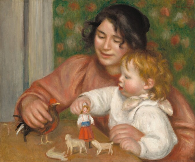 Shown from about the waist up, a woman with pale, peachy skin and dark hair holds a blond, light-skinned child on her lap at a table as they play with several small toys in this horizontal painting. The portrait was painted with blended brushstrokes, giving the work a soft look. We look slightly down onto the pair, who are close to us as they nearly fill the composition. The woman sits at the far corner of the wooden table. Her black hair is pulled up and bangs frame her round face. She has rosy cheeks, a straight nose, and she smiles as she gazes down at the toy rooster she holds in her right hand, to our left. She wears a rose-pink, high necked garment with loose, long sleeves. Her other hand wraps around the torso of the child on her lap. The child faces our left in profile. Shaggy, strawberry-blond hair falls across his high forehead and down around the collar of his white shirt. He has a short, snub nose, flushed cheeks, and his coral-red lips are parted. He looks toward the toy rooster as he stands a doll up on the table with one hand. The doll has a white shirt, topaz-blue sash around the waist, and a red skirt, and three white sheep stand and lie on the table nearby. To our right, the wall behind the pair is patterned with loosely painted peachy-pink and white forms, presumably flowers, against a forest-green background. Vertical bands of smoke-gray to our left suggest drapes hanging from above. The artist signed the work in small red letters at the upper right corner: “Renoir.”