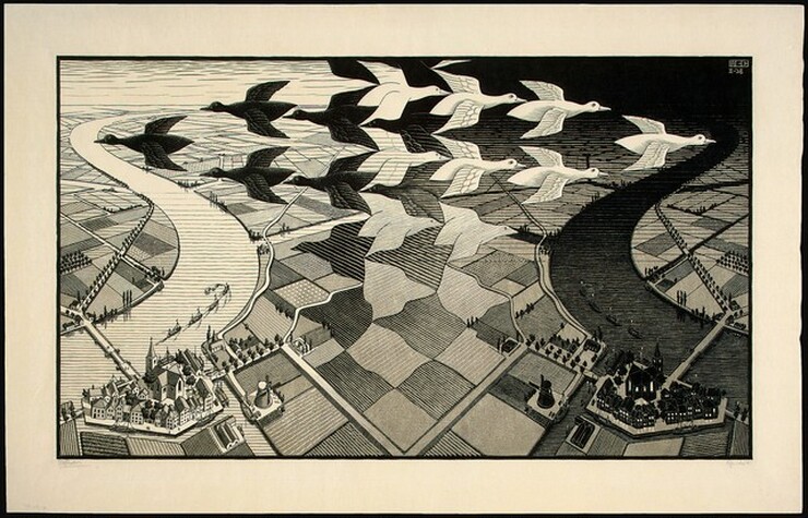 We look down onto a checkerboard countryside in this horizontal woodcut print. The landscape is bright daylight to our left and transitions to nighttime to our right. As it does so, the checkerboard of the fields morphs into geese flying across the sky, close to us. On the left half, black birds fly westward against a white sky. On the right half, white birds fly eastward against a black sky. The landscape below is mirrored so each has a town on the banks of an inward-curving river. The artist signed the print in the upper right corner with conjoined, blocky letters “MCE” with “II-38” below.