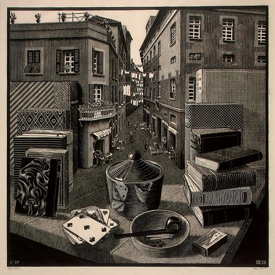 We look across the corner of a wooden table piled with books, playing cards, a pipe, matches, and a covered vessel out into an alley between two tall buildings in this square woodcut print. The scene is printed with black ink on cream-white paper. The corner of the table juts toward us, and we realize that the surface of the table seamlessly becomes the floor of the alleyway beyond. Closest to us, on the table, a pipe and two matches rest in a shallow bowl. A five of spades is face up on the pile of cards to our left, and the pipe, bowl, and cards are reflected in a vessel behind them. The vessel has ribbing or ridges around the sides and along the conical cover, radiating out from a ball-shaped handle. A box of matches sits next to the bowl, to our right. Four books are stacked in a pile to our right, against three taller standing books. Six more books, standing with their spine facing inward, are to our left. The farthest books on both sides rest against the side of the buildings that line the alley, as if the buildings were bookends. The buildings each have three or four stories lined with rectangular windows, some with shutters. There are a few retracted awnings, and lines of white laundry are strung between the buildings in the distance. The roofline of the building to our left nearly reaches the top edge of the paper, and the roof of the building to our right is cut off by that edge. People, tables, and goods, tiny in scale, line the shop openings along the bottom floors of the buildings. The numbers “3-‘37” appear in white against black in the lower left corner of the printed image, and the blocky letters “MCE” appear to the lower right. Pencil inscriptions in the margin beneath each corner of the printed image cannot be made out.