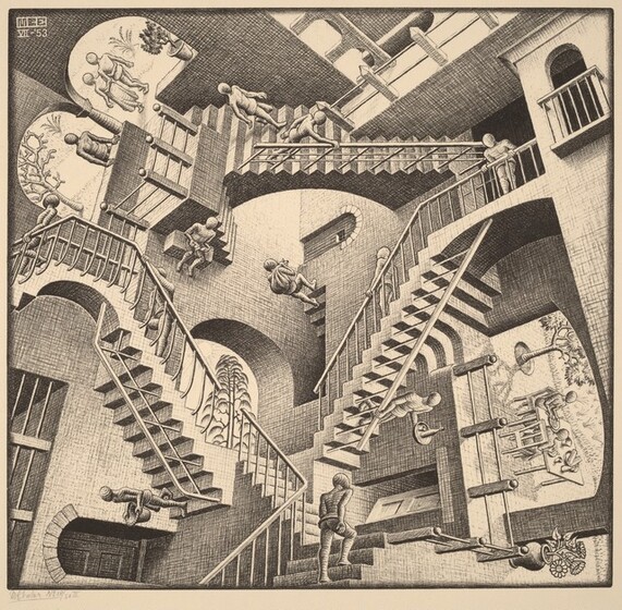 Printed with black lines and shading on cream-colored paper, we look down onto three, interconnected staircases in a triangle that shifts constantly to create an optical illusion in this square lithograph. Nine faceless people walk up and down the staircases toward landings that are positioned at different angles. The bodies of the people are generalized, and some carry baskets, sacks, trays, or are empty-handed. There are arched doorways and openings on each landing and between some of the landings. Some doors are closed or ajar, and other arches open onto outdoor scenes with trees. Two people sit at a food-laden table through a wide opening, sideways, to our right. As our eye follows the progress of each individual person, we are constantly interrupted by a staircase, landing, door, or other person that disorients our sense of space. The blocky, conjoined letters “MCE” appear in the space of the image at the upper left corner. Below it, in white against the dark background, it reads, 