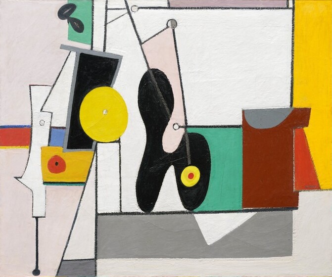 This abstract, square painting is filled with geometric shapes of flat color outlined in black. The largest shape is a white square in the center, which is overlapped or further divided into more rectangles in white, sea glass green, or pale pink. Some of the corners of the internal shapes are marked with a circle. A rounded black form, roughly the shape of a bulbous, lowercase h, sits to our left of center against the white square. A bright yellow disk with a crimson-red dot at its center is on the back end of the form. At the bottom right of the white square, there is a tall, blood-red rectangle with an inset, cup-like, steel-gray form at its top. Above the white square are narrow bands of white and soft purple, and below are fields of steel gray and white. A vertical band of buttercup yellow runs up along the top two-thirds of the right edge. The bottom left corner of this yellow shape is cut in with a ruby-red triangle. A collection of smaller, narrow shapes sits to our left of the white square. These include a canary-yellow disk over a tall, white triangle, and sea glass-green rectangle with two black, coffee bean-like forms, a black trapezoid, a topaz-blue square, and two white forms that could be stylized profiles with prominent noses. A band of crimson red flanked by a border of blue above and yellow below runs off the left edge. The field behind this jumble of shapes is pale, blush pink.