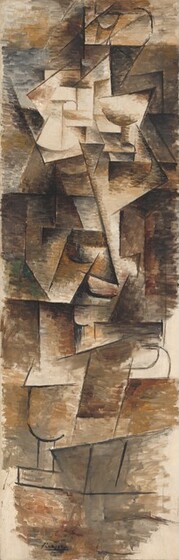 Overlapping, geometric shapes painted in tones of tan, oatmeal, and coffee brown and outlined in black cluster along the center of this tall, vertical, abstract painting. Except for the outlines, the paint is put on in long, horizontal strokes to create patches of color. The unpainted canvas shows through in some areas, especially in the lower corners and up along the right edge. A few shapes could recall body parts, like curved shapes for breasts near the top and an angled line for an elbow. The artist signed the work with black paint at the lower center: “Picasso.”