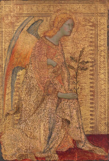A winged, blond angel kneels facing our right in profile wearing a gold garment, and is shown against a gold background in this vertical painting. The textured robe the angel wears is a similar color to the background, and with the golden hair and wings, the painting is almost entirely gold. The angel’s pale skin has a greenish cast but the cheeks are rosy. Blond hair curls around the face and falls over the shoulders. The angel looks to our right with slitted eyes over a long, straight nose, and pale pink lips are closed. The hand farther from us is drawn across the chest and tucked under the arm closer to us, with which the angel holds a tall leafy palm frond. The inside surface of the wing facing us deepens from butter yellow to tangerine orange, and the other side of the wings are lapiz blue. The robe is textured with gold swirls against slate blue for the shadows and rose pink on the sleeves. A gold halo encircles the angel’s head and the gold background is textured with an ornate decorative border along the inner of edges of the top and both sides. The floor beneath the angel is ruby red. The gilding has worn away in some areas, especially in the background, so the red layer beneath is visible through cracks.