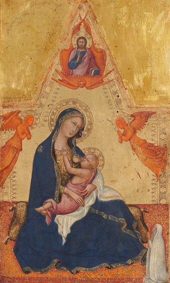 A woman sitting on the floor and cradling a nursing baby in her lap is flanked by two winged angels and a kneeling woman, beneath a bearded man supported on a third angel in this vertical painting. The seated woman, Mary, and the infant, Jesus, have pale, peachy skin, blond hair, and hazel eyes. Mary sits facing us on a long cushion on the floor with her body angled to our right, taking up about half the height of the composition. Her round face is tilted to our right as she gazes up under faint brows. Her marine-blue mantle is trimmed with gold and has a star on her right shoulder, to our left. The mantle covers most of her head and wraps around her tan and bronze-brown robe. The baby swaddled in a rose-pink cloth and reaches for her exposed left breast, which emerges from a place near her shoulder. Jesus lies across a white cloth that also drapes over her left arm. His head is turned slightly away from her breast as he looks up and to our left while his left arm reaches toward the neck of her dress. He has adult-like facial features but a pudgy body, and his ankles are crossed with the toes of his bottom foot flexed. Two winged angels floating to each side are smaller in scale, and are painted entirely in pumpkin orange. They face in toward Mary and Jesus, and wear long, flowing garments. The angel to our left crosses arms over the chest, and the angel to our right holds hands up in prayer. A third orange angel floats above them, seen head-on, gazing down. Above it is the torso of a young man with brown hair and beard, wearing a rose-pink cloak over a peacock-blue robe. He faces us with one hand held up, index and middle finger extended. He holds a closed book the same color blue as his robe in his other hand. Mary, Jesus, the bearded man, and the angels all have halos incised into the gold background, which comes to a point above the bearded man. In the bottom quarter of the painting, the burnt-orange floor is covered with a brocade-like pattern in gold. Set against it in the lower right corner, a woman, much smaller in scale than Mary and Jesus, kneels with her raised hands pressed together as she gazes up at them in profile. She is completely covered by a bone-white, long-sleeved garment, wimple, and long mantle, leaving only her face visible. The inner edges of the panel, including along the pointed top, are punched with floral and geometric patterns. The upper corners of the wooden panel to either side of the point are filled in with gold.