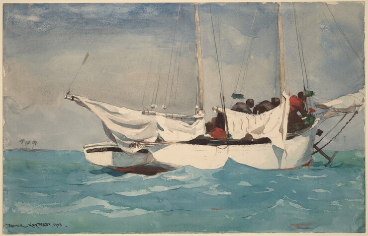 A white boat with sails lowered floats in an aquamarine-blue ocean under a pale, sapphire-blue sky in this horizontal watercolor painting. To our right of center, the boat floats with its right, starboard side facing us and the bow angled slightly away. The white sails bunch up under the lowered, horizontal booms just above the top of the boat. The masts and rigging extend off the top of the composition. A group of a few people are gathered in the bow, on the far side of the sails. They are painted loosely but appear to have brown skin and red or black clothing. Waves lap against the side of the boat. To our left, an island or sliver of land with three palm trees deep in the distance lines the horizon, which comes about a third of the way up the composition. The water and sky are painted with layers of pale washes. The artist signed and dated the work in the lower left corner with dark paint: “HOMER KEY WEST 1903.”