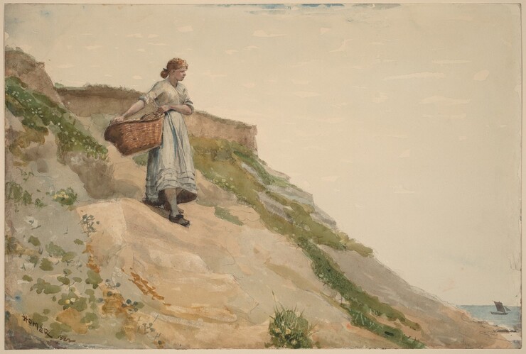 A young woman with light skin carries a large basket propped on her hip down a steep dune in this horizontal watercolor, which is painted mostly in light slate blue, sage green, tan, and ivory white. She is near the top of the hill, to our left. Her reddish-brown hair is pulled back to the nape of her neck. She wears a long, steel-blue dress with the sleeves rolled up to her elbows and black clog-like shoes. The hill she stands on angles steeply down from almost the top left corner of the paper to just inside the lower right corner, and it is dotted with scrubby green grasses on sand-colored ground. The horizon line is very low, nearly along the bottom edge of the composition. In the deep distance, beyond the dune in the lower right corner, a small patch of blue water with a single sailboat is visible. The bright, hazy sky is nearly white.