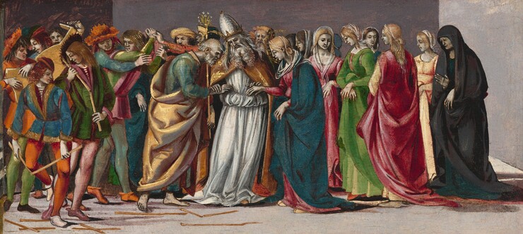 About twenty colorfully dressed people fill a long room behind an old man and young woman standing before a bishop in this horizontal painting. All the people have pale or ash-white skin, and their clothing is in shades of golden yellow, raspberry pink, pumpkin orange, teal, sea blue, or pea green. The men wear tunics and leggings or robes, and some have turbans or feathered hats. The women wear gowns and white or sheer head scarves. The man at the center of the composition, the bishop, wears a pearl-white robe and conical mitre hat. His white hair falls past his shoulders, and he has a long, curly beard. A balding, bearded man and young woman with honey-blond hair stand in front of him. Each has traces of gold halos around their heads. They face each other, and each reaches out one hand, which the bishop in turn holds. The groups of men to our left and women to our right look in all directions, though few look at the couple at the center. An older woman at the rightmost edge of the group stands out. Her gray-toned face is lined, and she wears a black robe. Her eyes are screwed shut, her mouth downturned, and she holds up one hand, palm out. One man in the group to our left plays a lute and others break sticks. More broken sticks are strewn on the ground around the men. The walls of the room are pale lavender or plum purple.